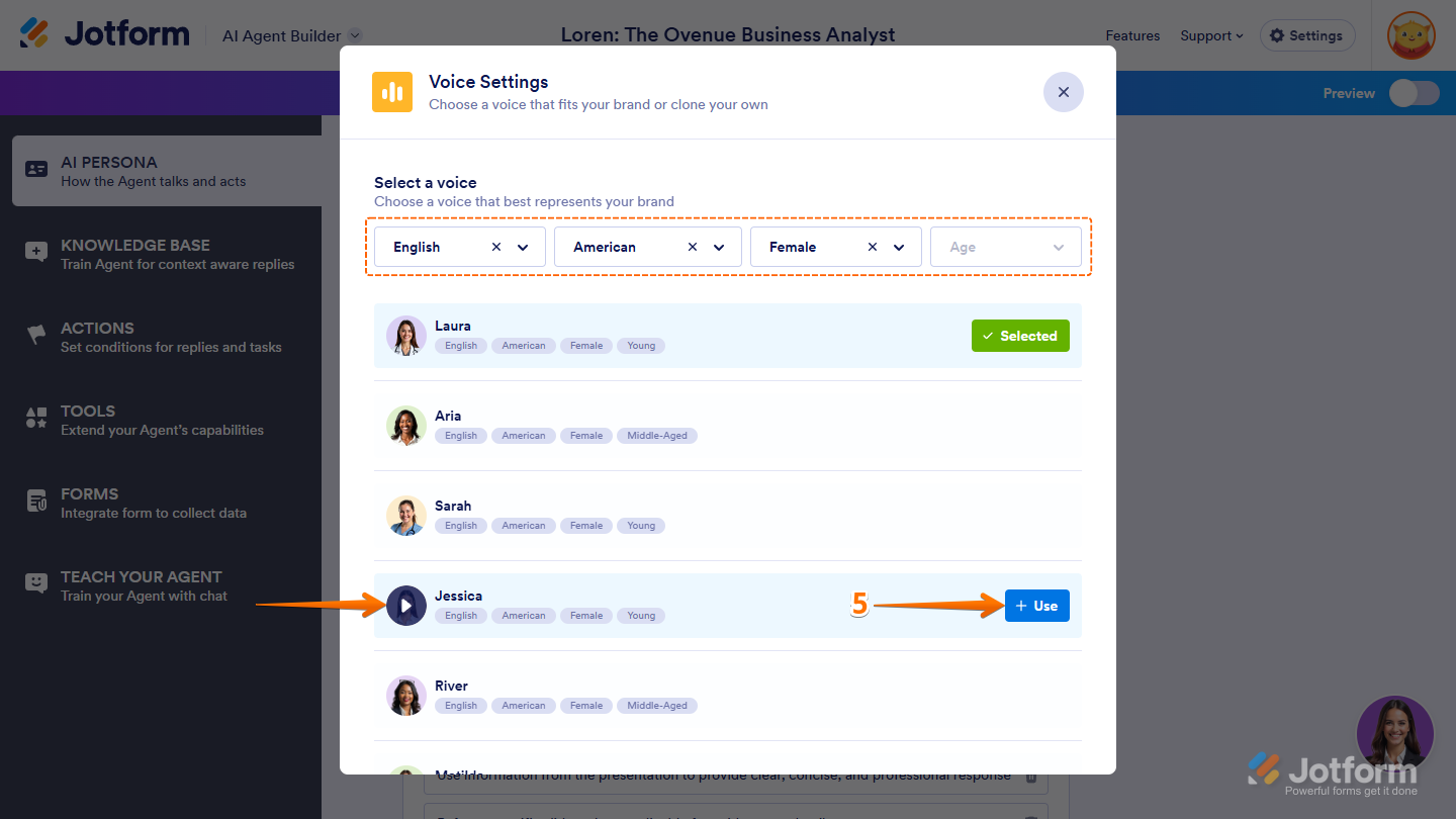 Use button of a Voice option in the Voice Settings window of the Train tab in Jotform AI Agent Builder
