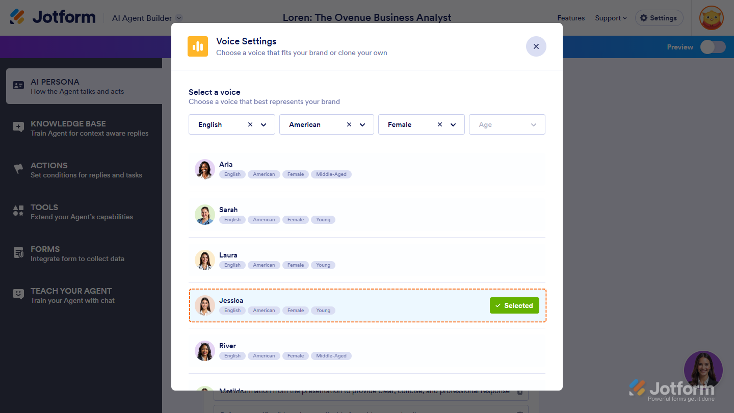 Selected Voice option in the Voice Settings window of the Train tab in Jotform AI Agent Builder