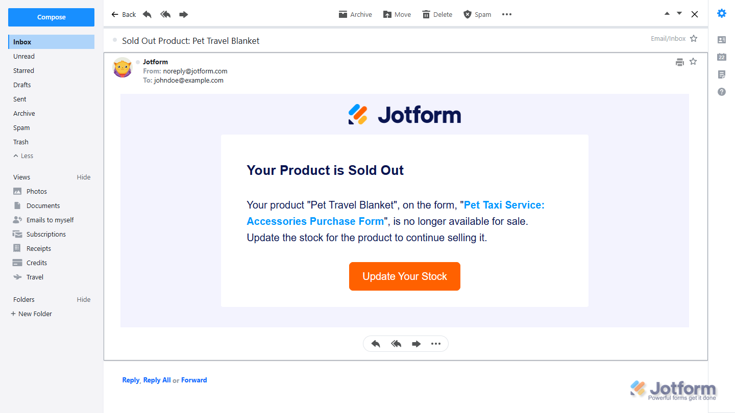 Capture d'écran d'une exemple de notification par email envoyé par Jotform au propriétaire du formulaire lorsque le stock disponible d'un produit est épuisé ou complètement vendu