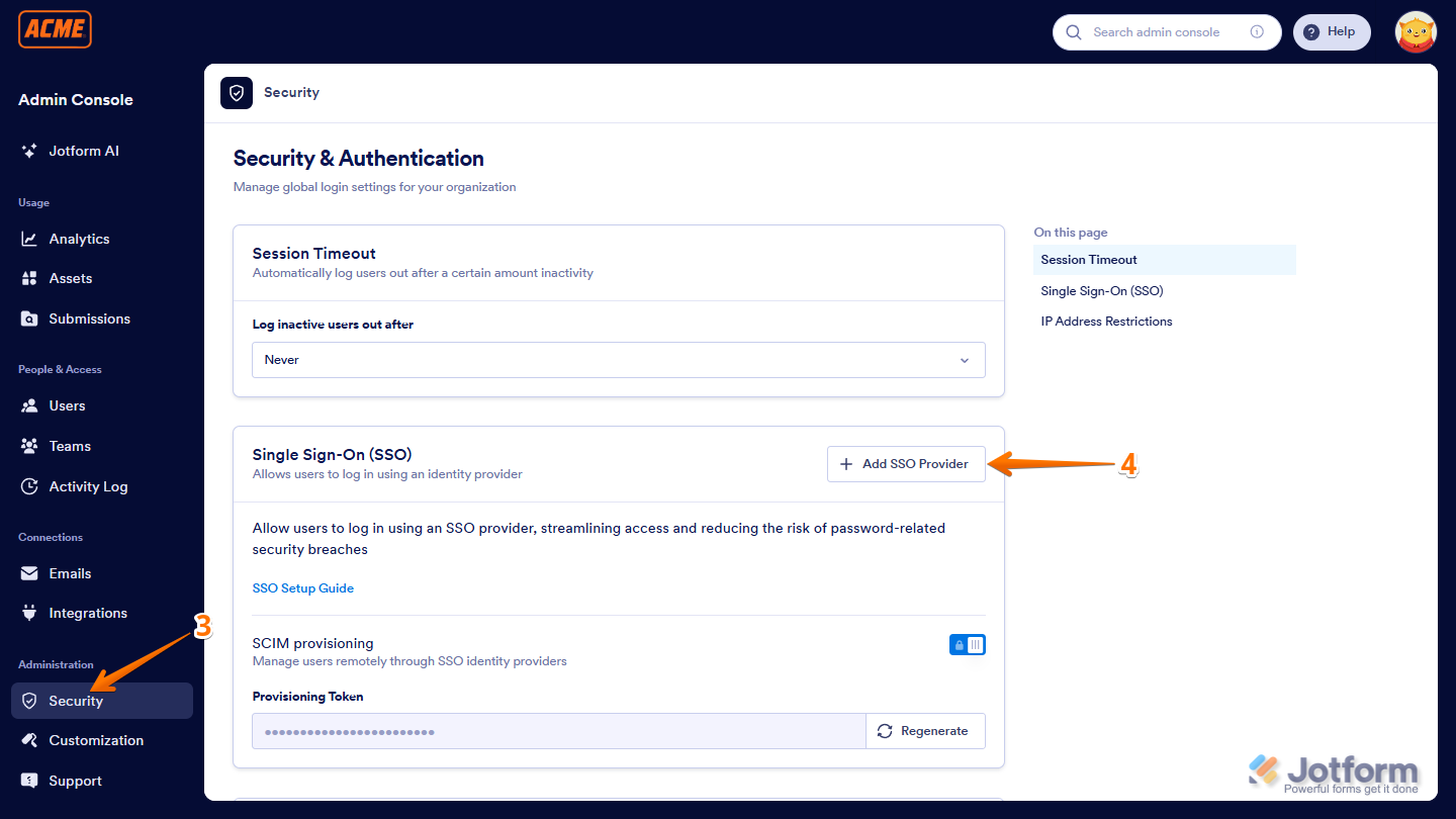 Capture d'écran de Jotform Entreprise qui montre comment ajouter un fournisseur SSO dans la console d'administration Jotform en cliquant sur Sécurité dans le menu de gauche et en sélectionnant Ajouter un fournisseur SSO dans la section Authentification unique