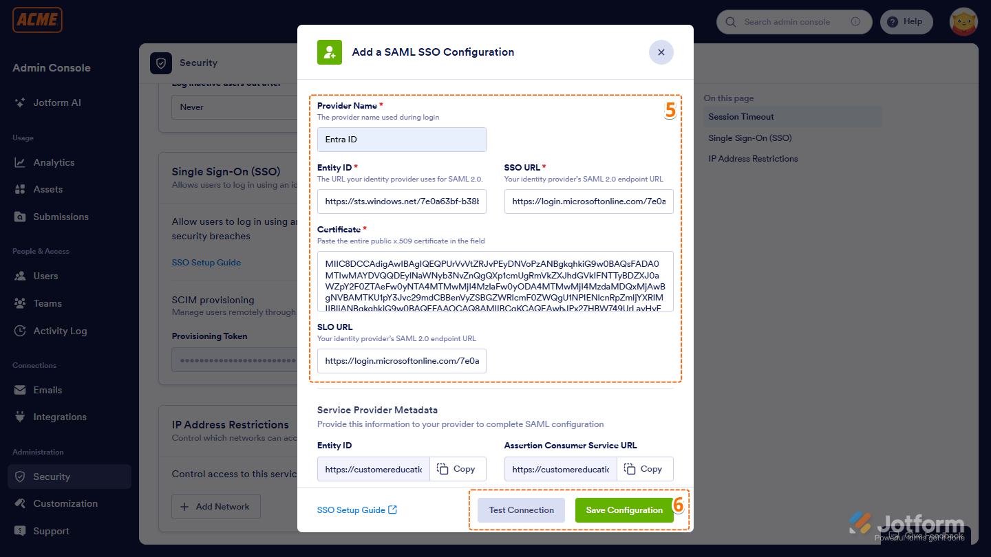 Capture d'écran de Jotform Entreprise qui montre comment remplir les détails de configuration SAML SSO dans la console d'administration Jotform, y compris le nom du fournisseur, l'ID d'entité, l'URL SSO, le certificat et l'URL SLO, avant de tester et d'enregistrer la connexion