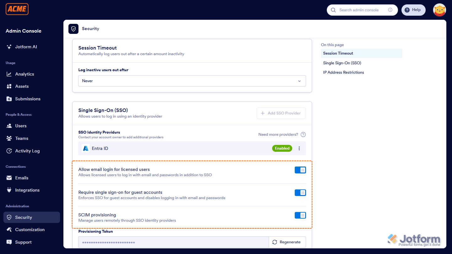 Capture d'écran qui montre comment afficher des paramètres SSO supplémentaires dans la console d'administration Jotform, y compris les options permettant d'autoriser la connexion par email pour les utilisateurs sous licence, d'exiger SSO pour les comptes invités et d'activer le provisionnement SCIM pour la gestion automatique des utilisateurs