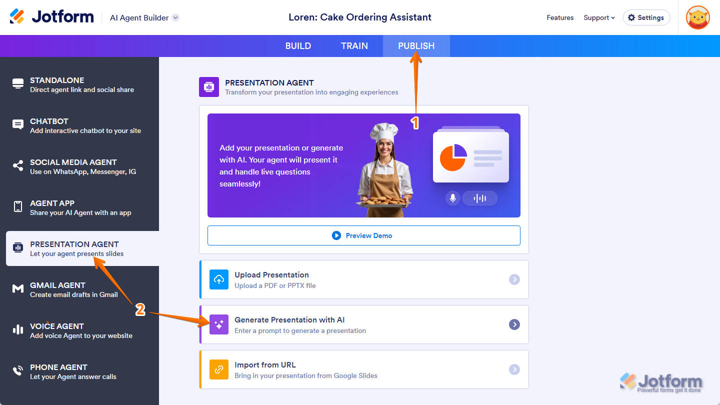 Generate Presentation with AI option in the Presentation Agent section of the Publish tab in AI Agent Builder