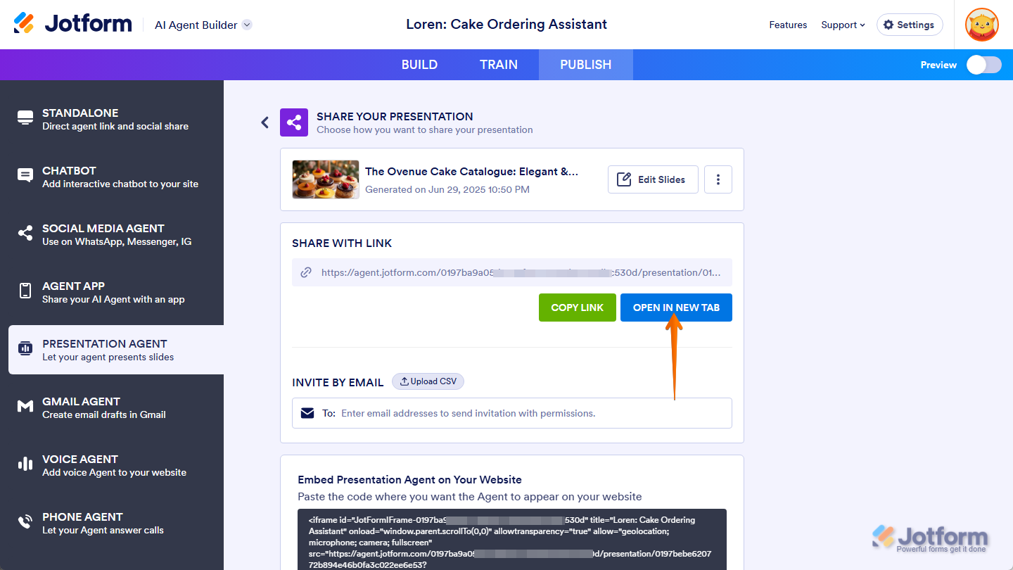 Generated presentation sharing options in the Presentation Agent section of the Publish tab in AI Agent Builder