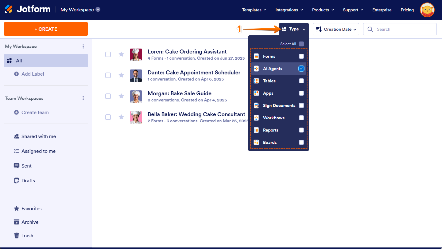 AI Agent option of the Type dropdown in Jotform My Workspace page