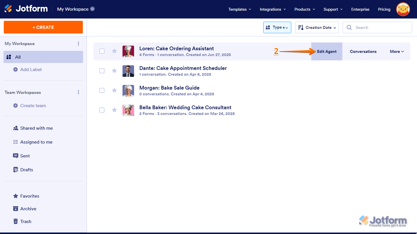 Edit Agent button of an AI Agent in Jotform My Workspace page