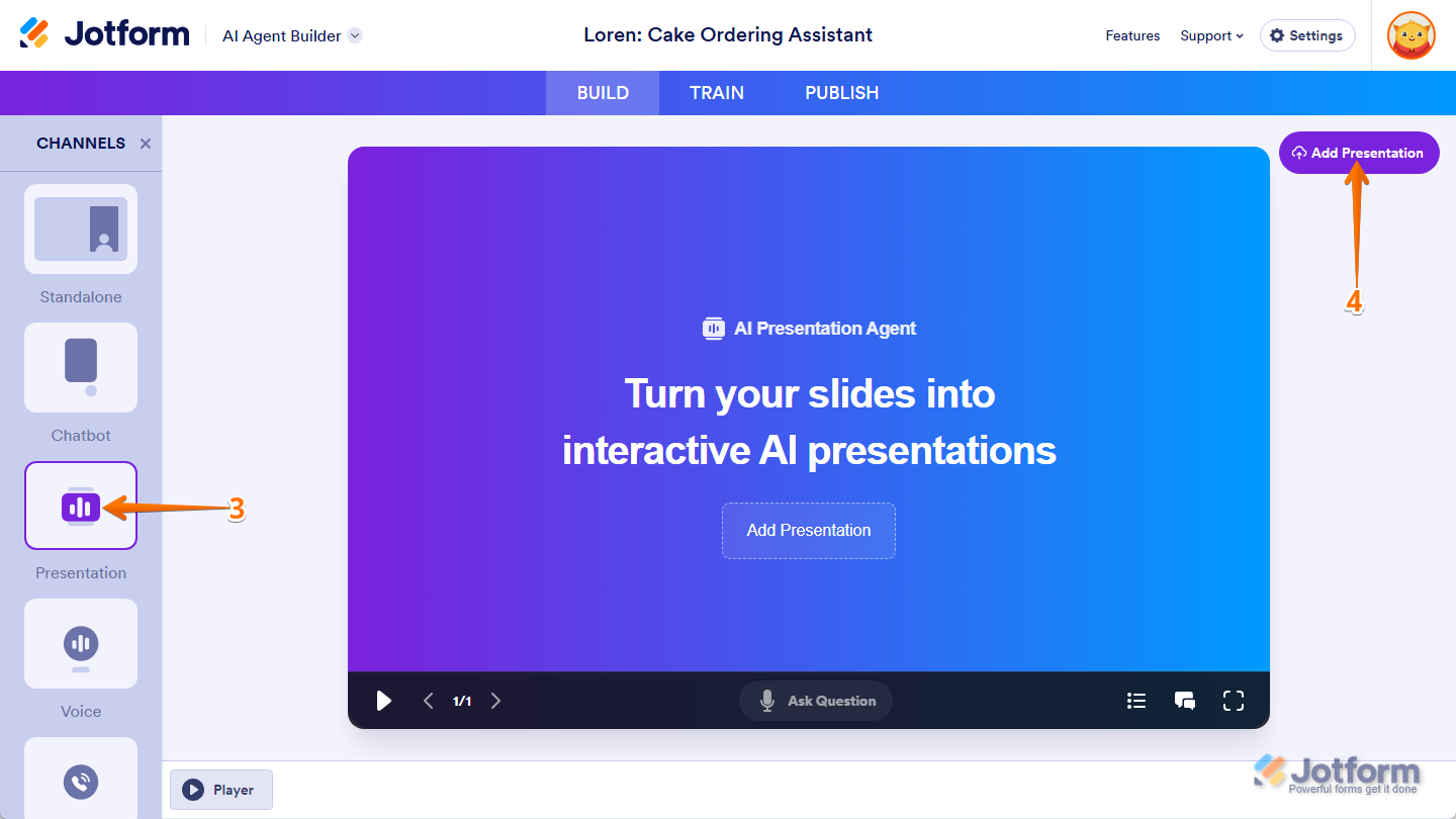 Add Presentation button in the Presentation Agent Builder of the Build tab in AI Agent Builder