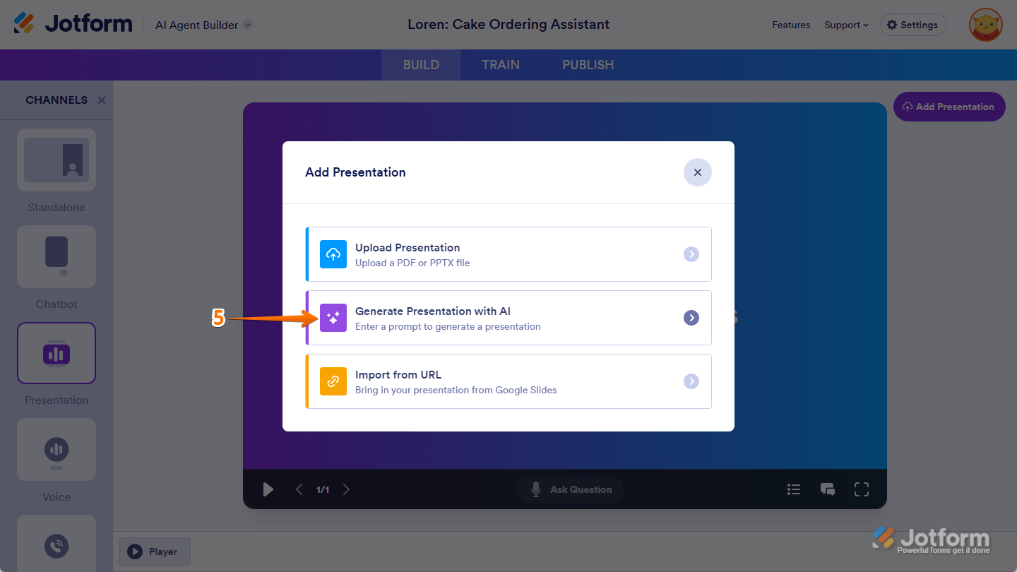 Generate Presentation with AI option in the Add Presentation window of the Presentation Agent Builder under Build tab of AI Agent Builder