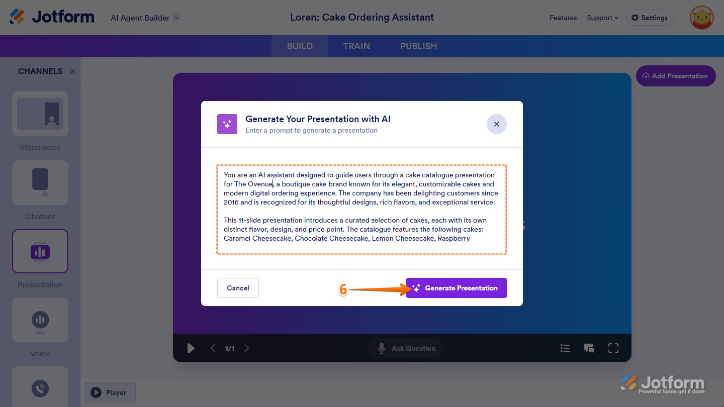 Prompt box and Generate Presentation button in the Generate Your Presentation with AI window of the Presentation Agent Builder under Build tab of AI Agent Builder