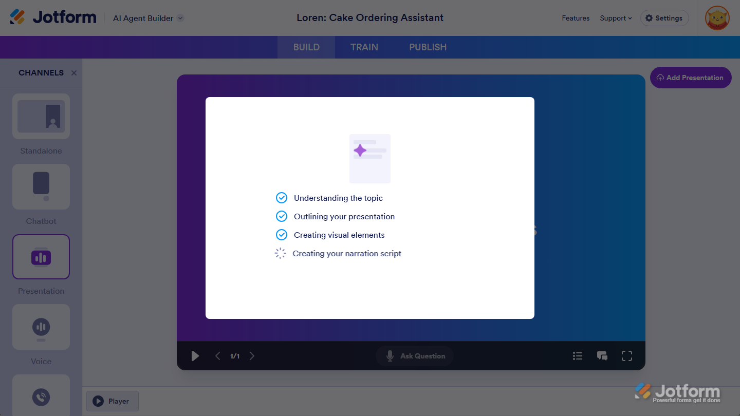Generating Narrated Presentation message in the Presentation Agent Builder of the Build tab in AI Agent Builder