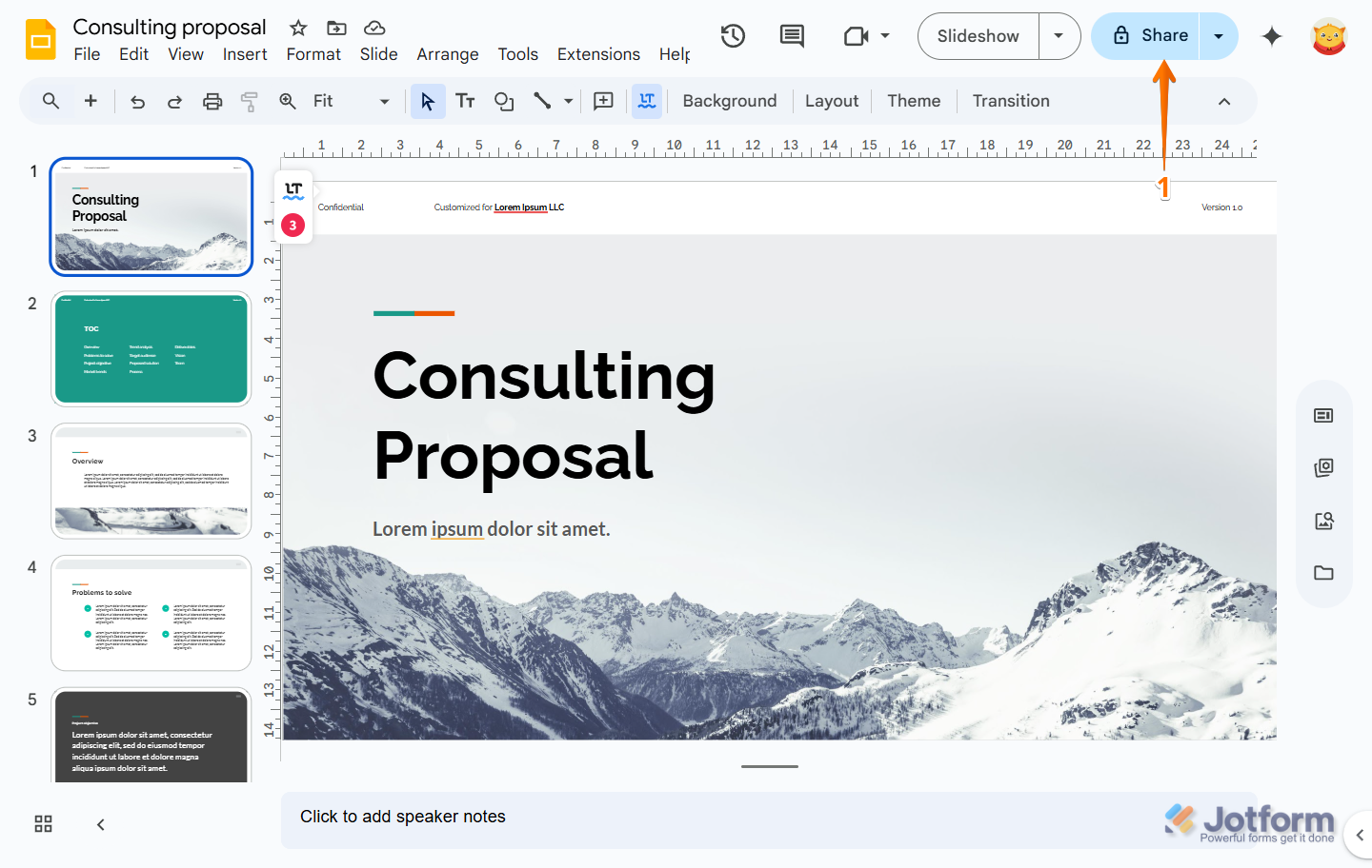 Clicking Share in the top-right corner of the Google Slides editor to get the public link