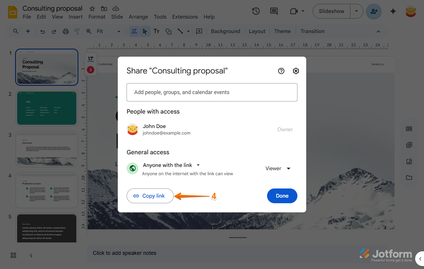 Clicking Copy link in Google Slides to get the public URL for sharing or importing