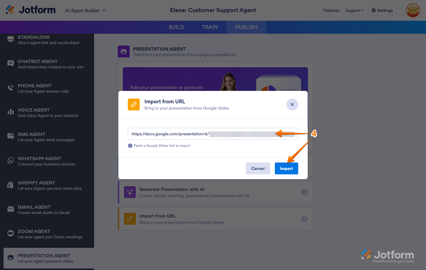 Pasting a Google Slides public URL to import a presentation in Jotform
