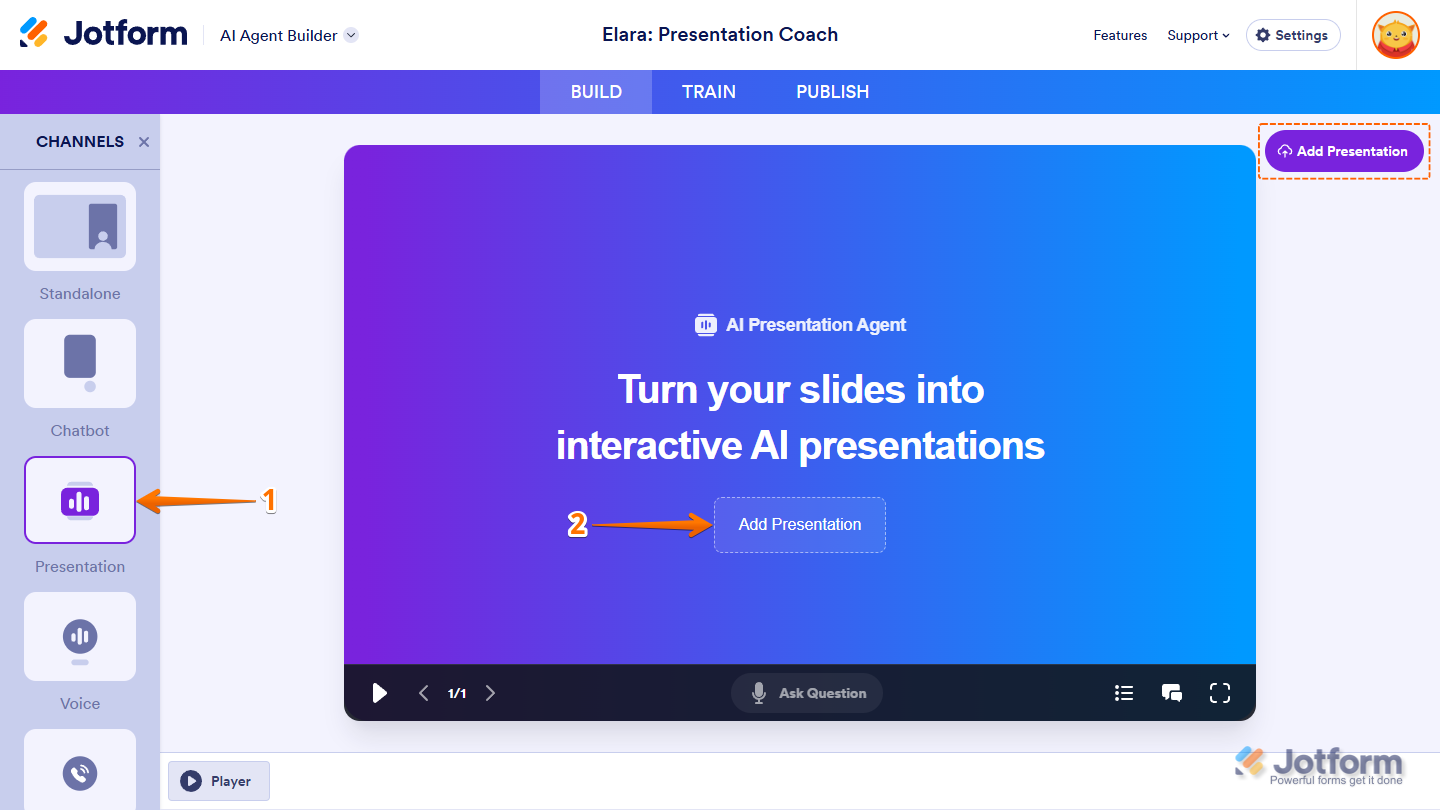 Clicking Add Presentation in the Presentation Agent Builder of Jotform AI Agent Builder