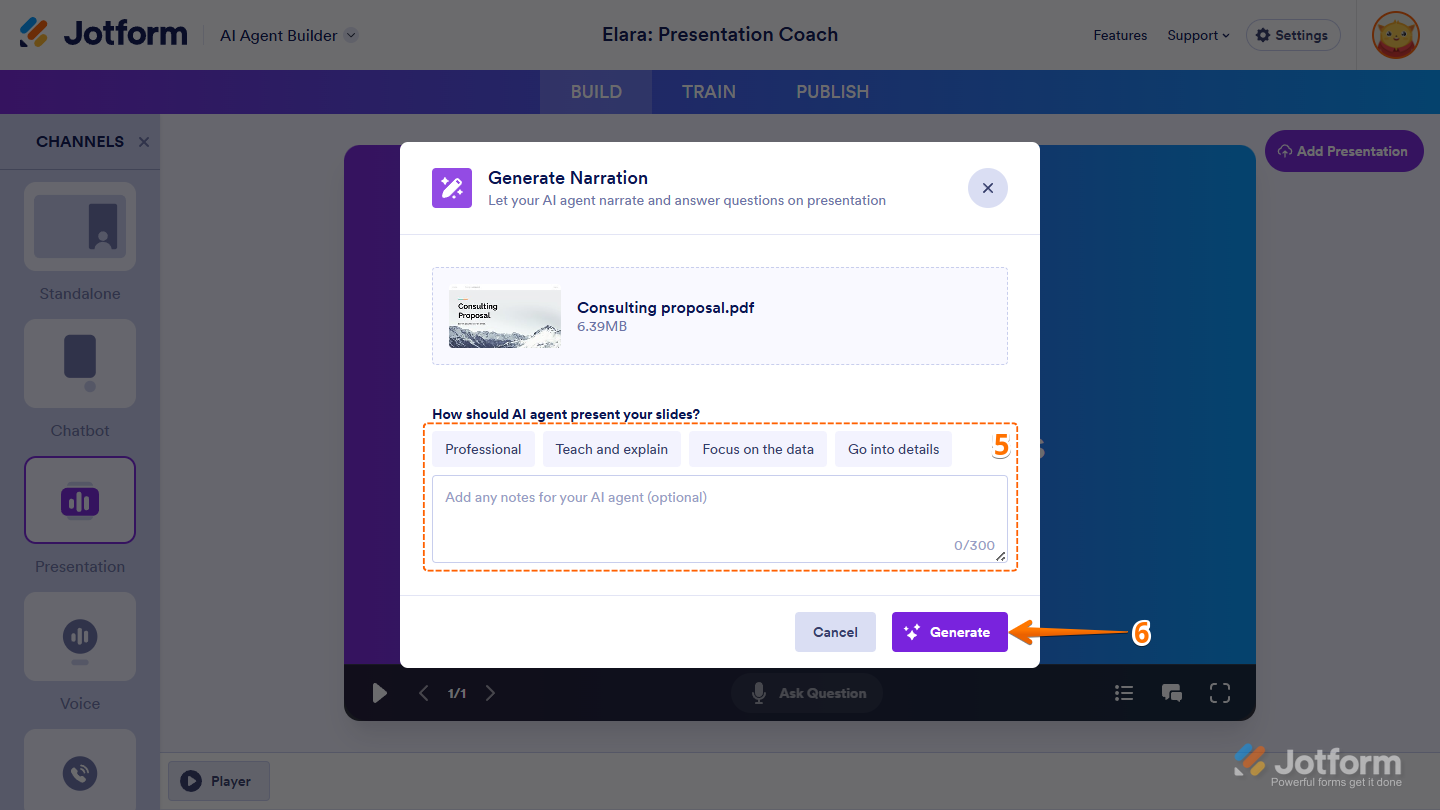 Selecting a narration style like Professional, Teach and Explain, Focus on the Data, or Go into Details in Jotform’s Generate Narration window