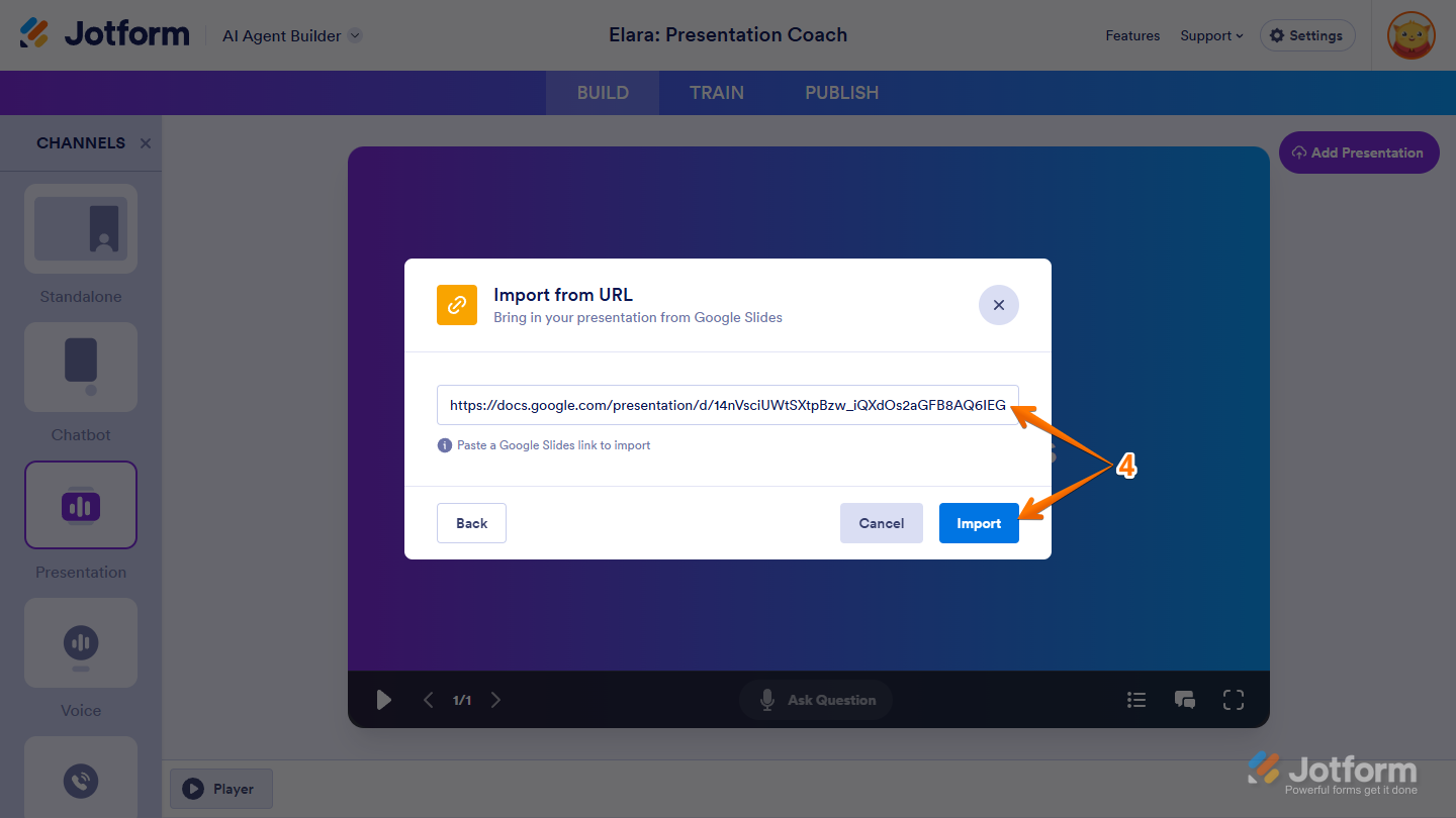 Importing a Google Slides presentation by pasting its public URL into the Presentation URL field in Jotform