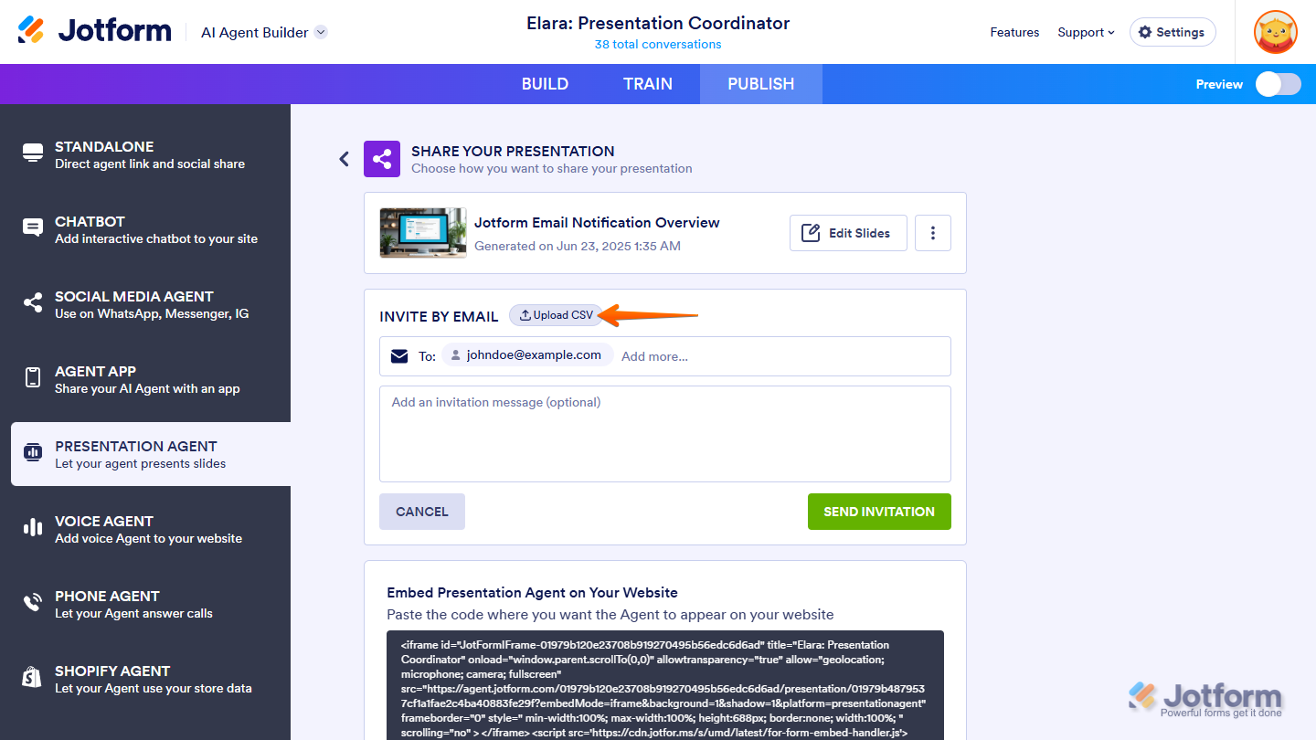 Clicking the Recipient field in the Invite by Email section to share a Jotform Presentation Agent