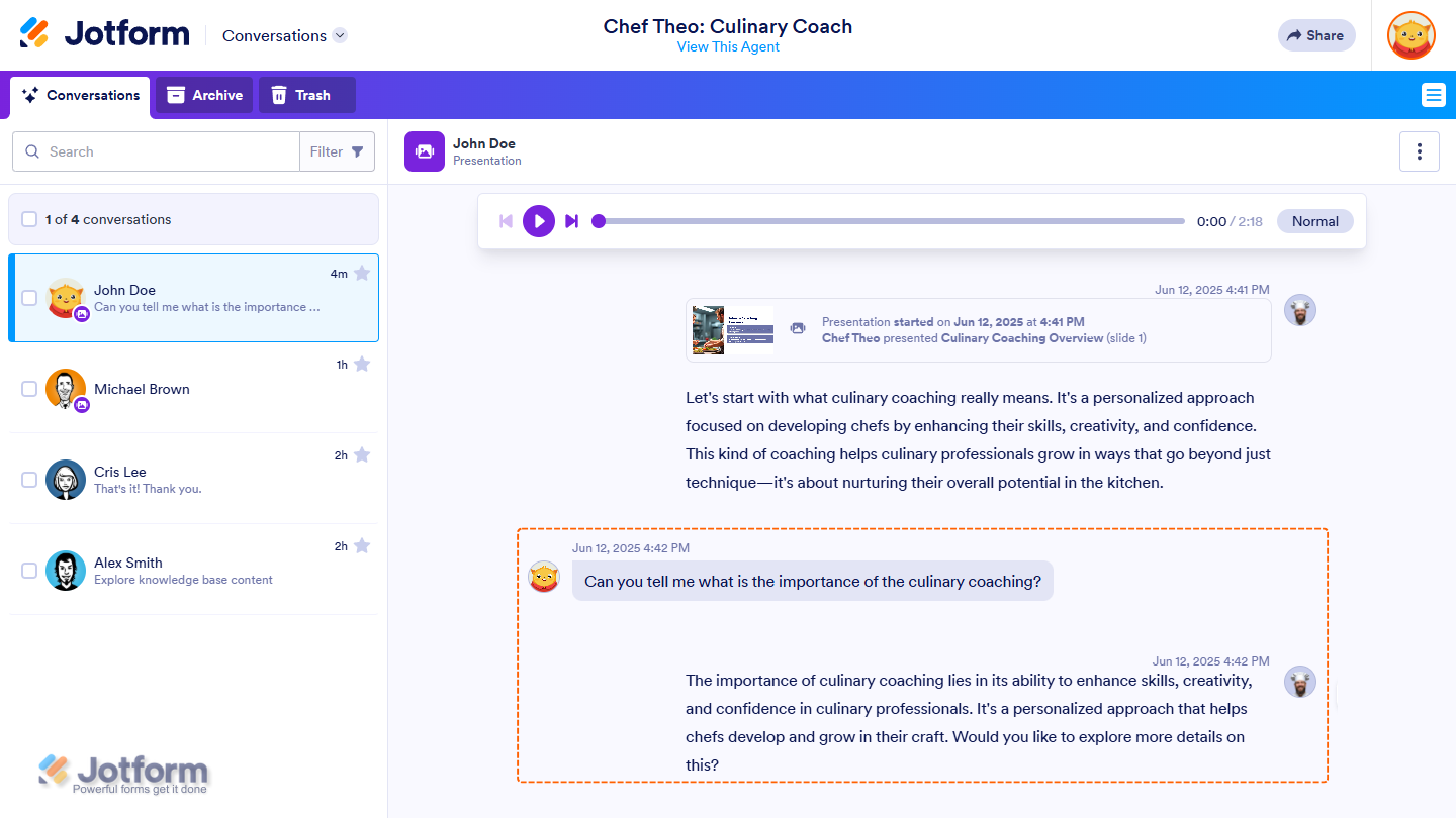 User question and AI response displayed in the Conversations page during a Presentation Agent session in Jotform