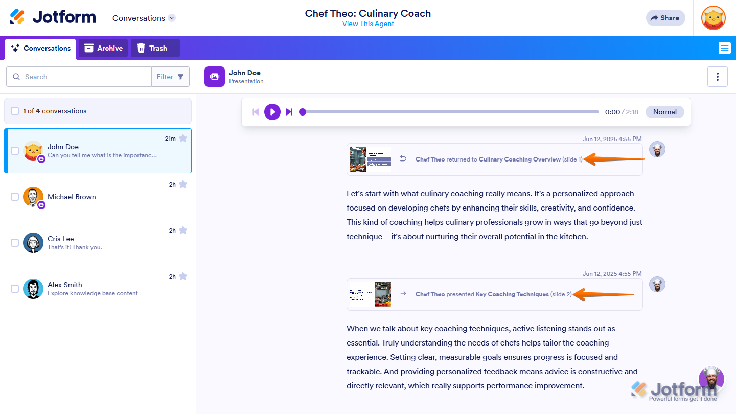 Slide activity log showing title, slide number, and narration delivered by the AI Presentation Agent in Jotform
