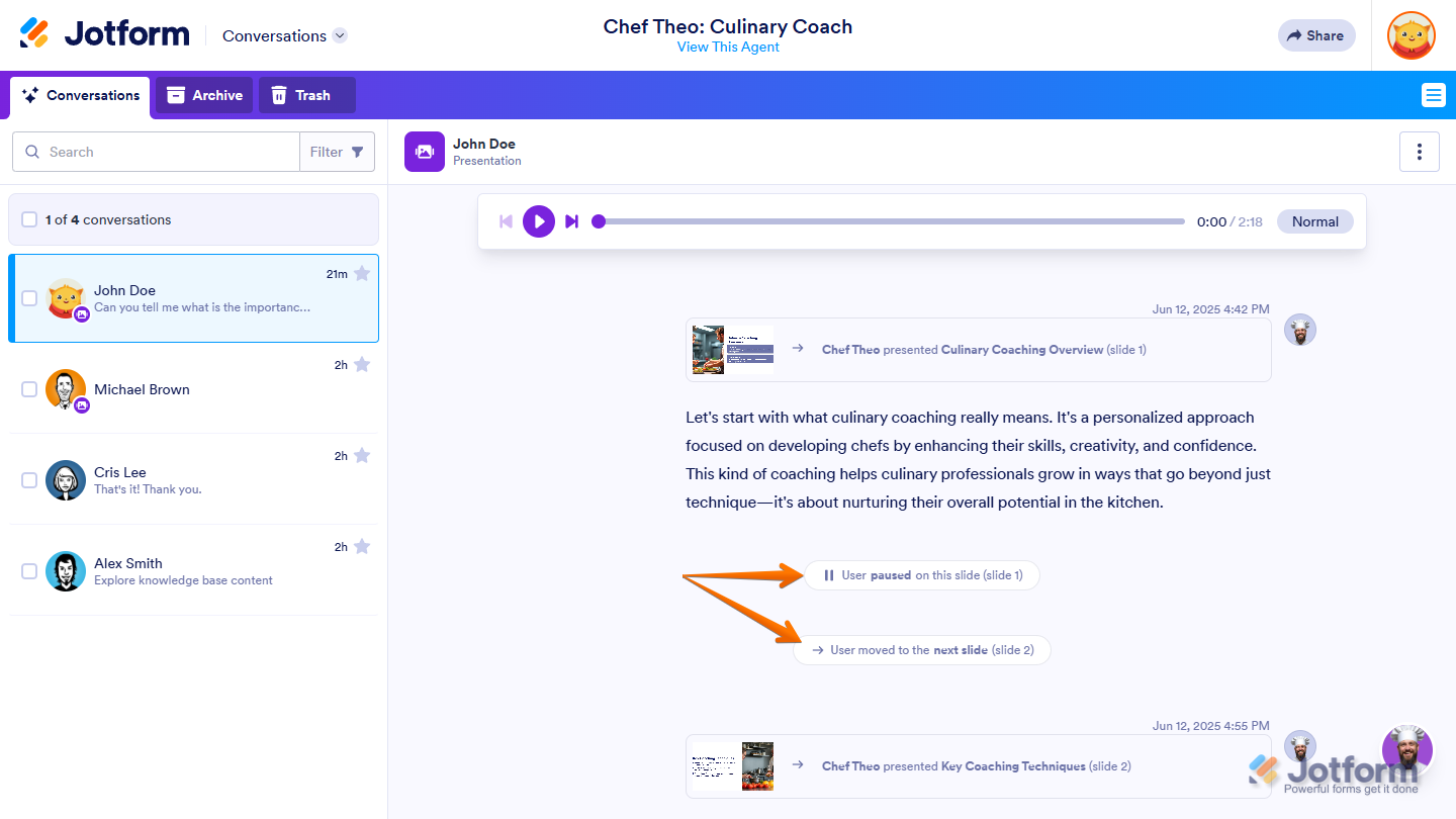 User activity log showing slide interactions like pausing and moving to the next slide in Jotform Presentation Agent