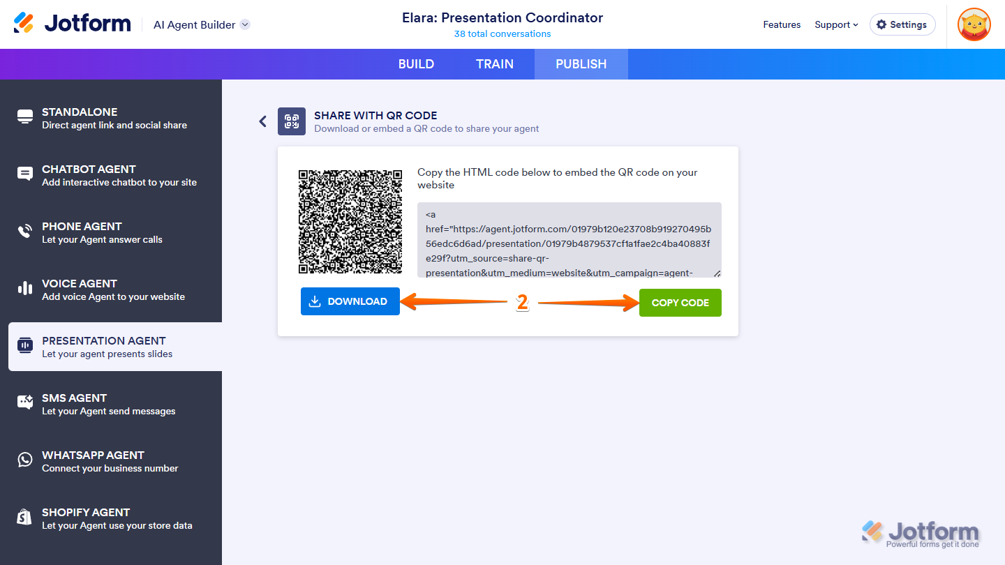 Downloading or copying the embed code for a Presentation Agent QR code in Jotform
