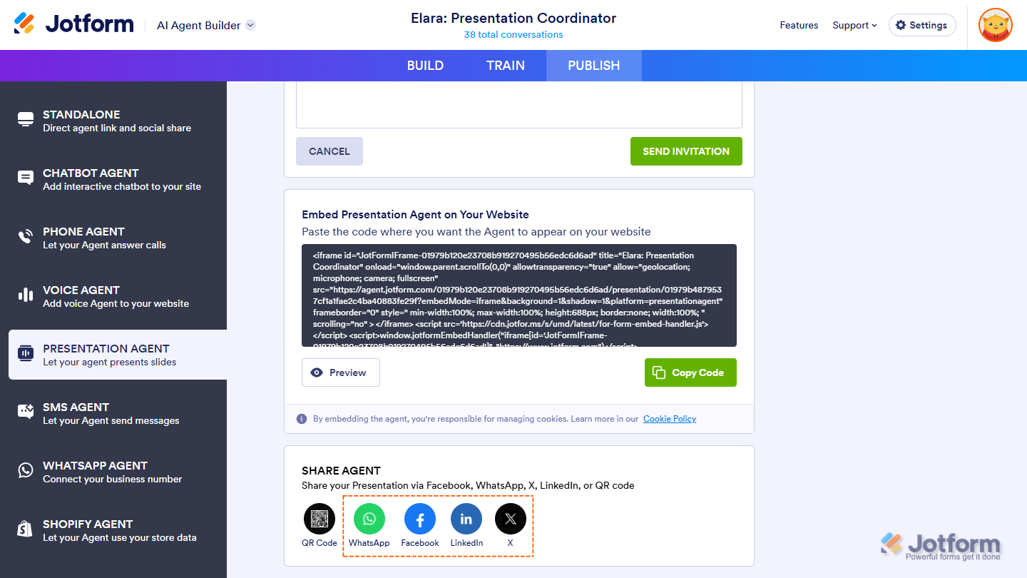 Sharing a Presentation Agent on WhatsApp, Facebook, LinkedIn, or X from the Share Agent section in Jotform