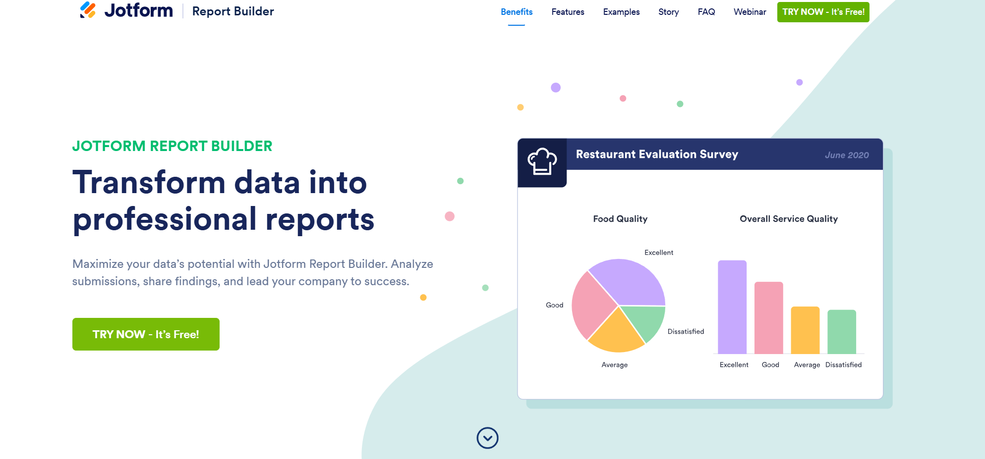 Jotform Report Builder website page with the words: "Transform data into professional reports" and an example restaurant evaluation survey report showing data visualizations of food quality and overall service quality ratings