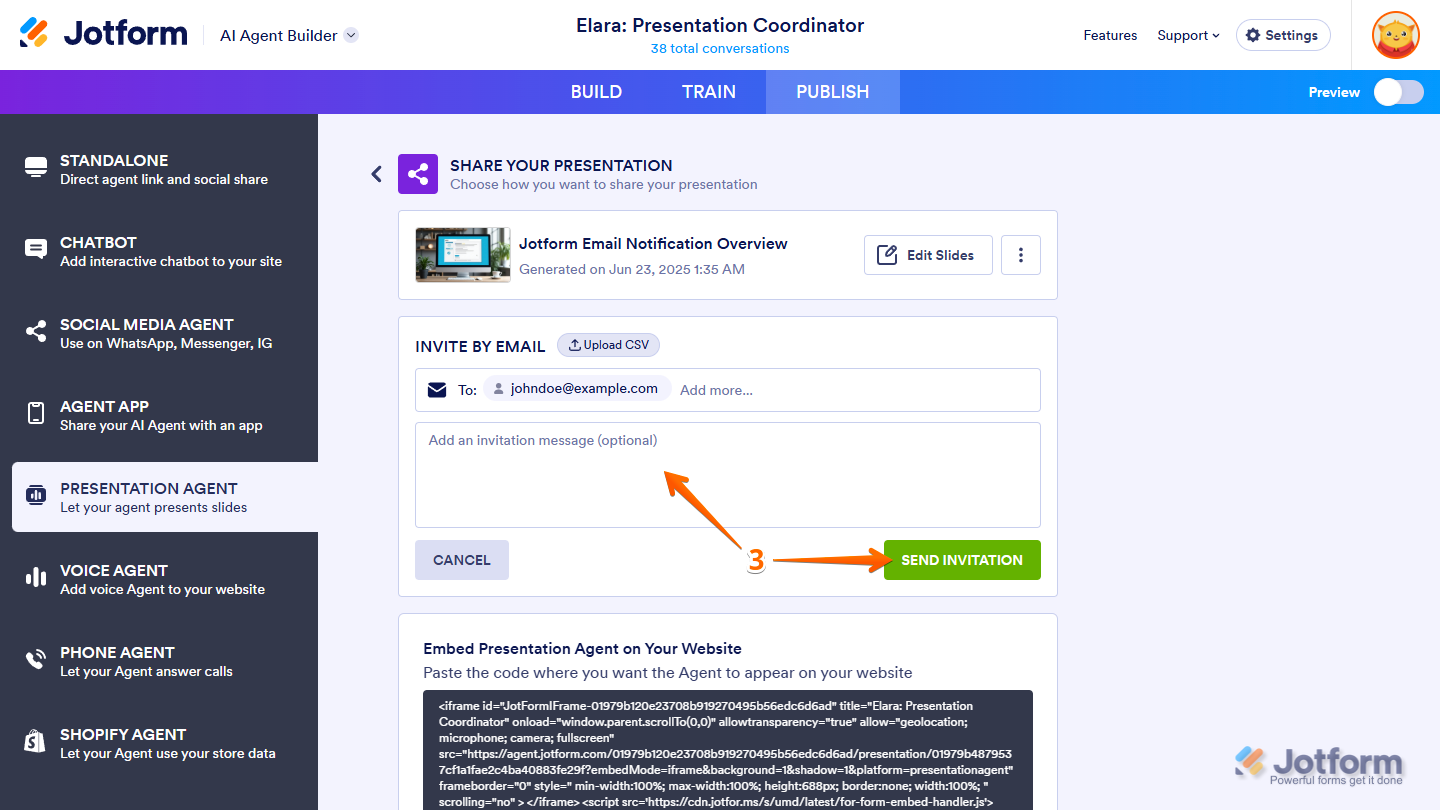 Adding a custom invitation message before clicking Send Invitation in Jotform Presentation Agent sharing settings