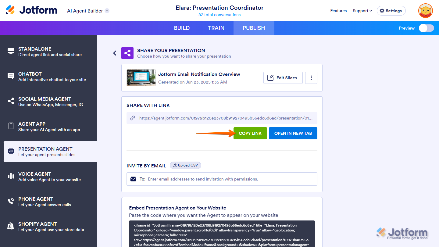 Clicking Copy Link under the Share With Link section to share a Jotform Presentation Agent via direct link