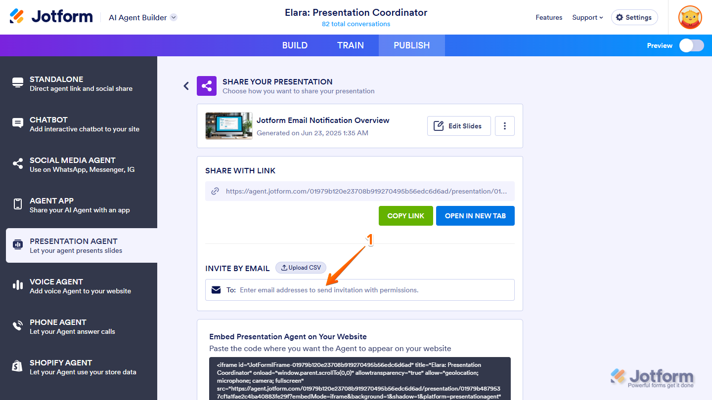 Clicking the Recipient field in the Invite by Email section to share a Jotform Presentation Agent