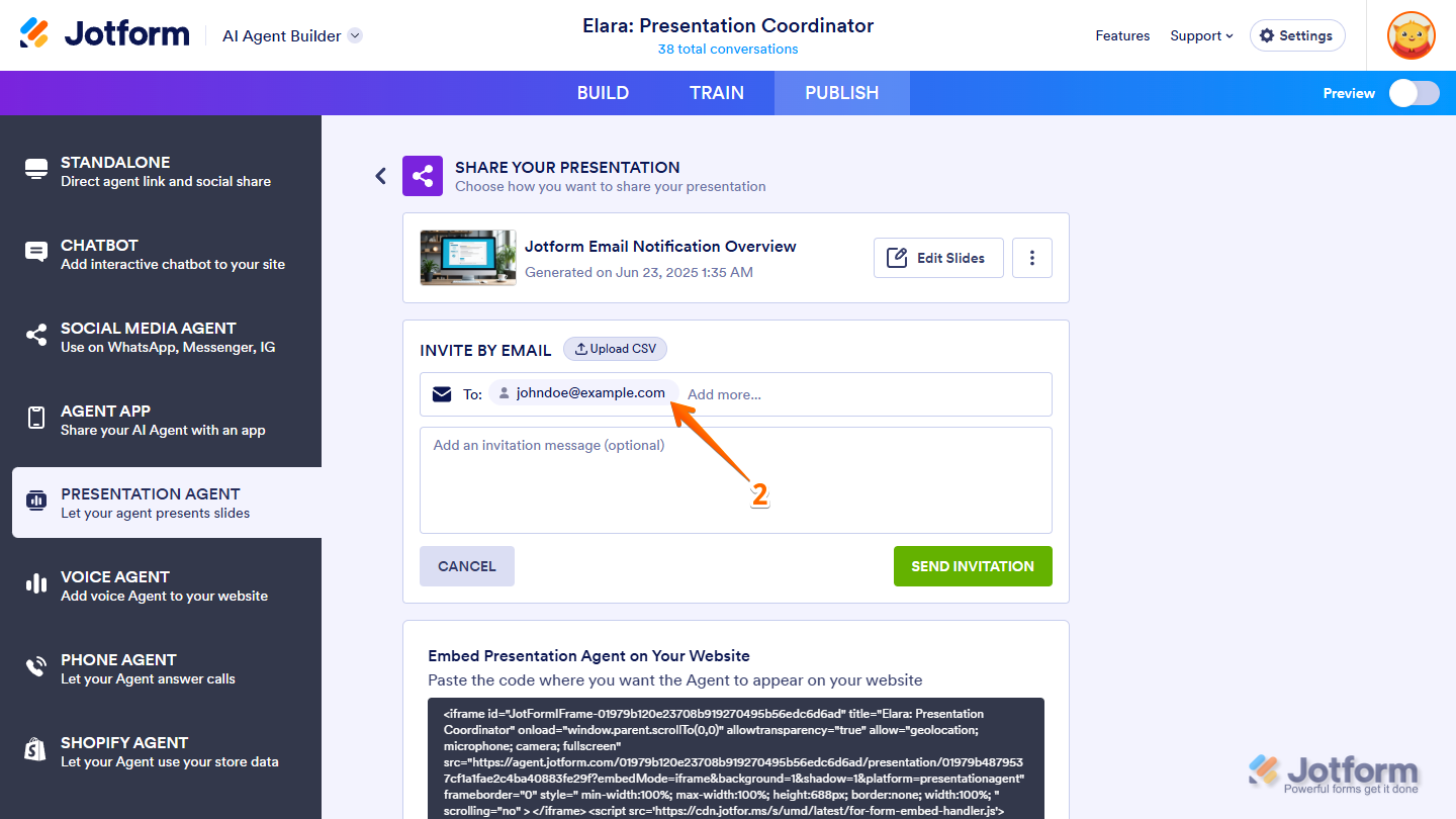 Clicking the Recipient field under Invite by Email in Jotform to share a Presentation Agent via email