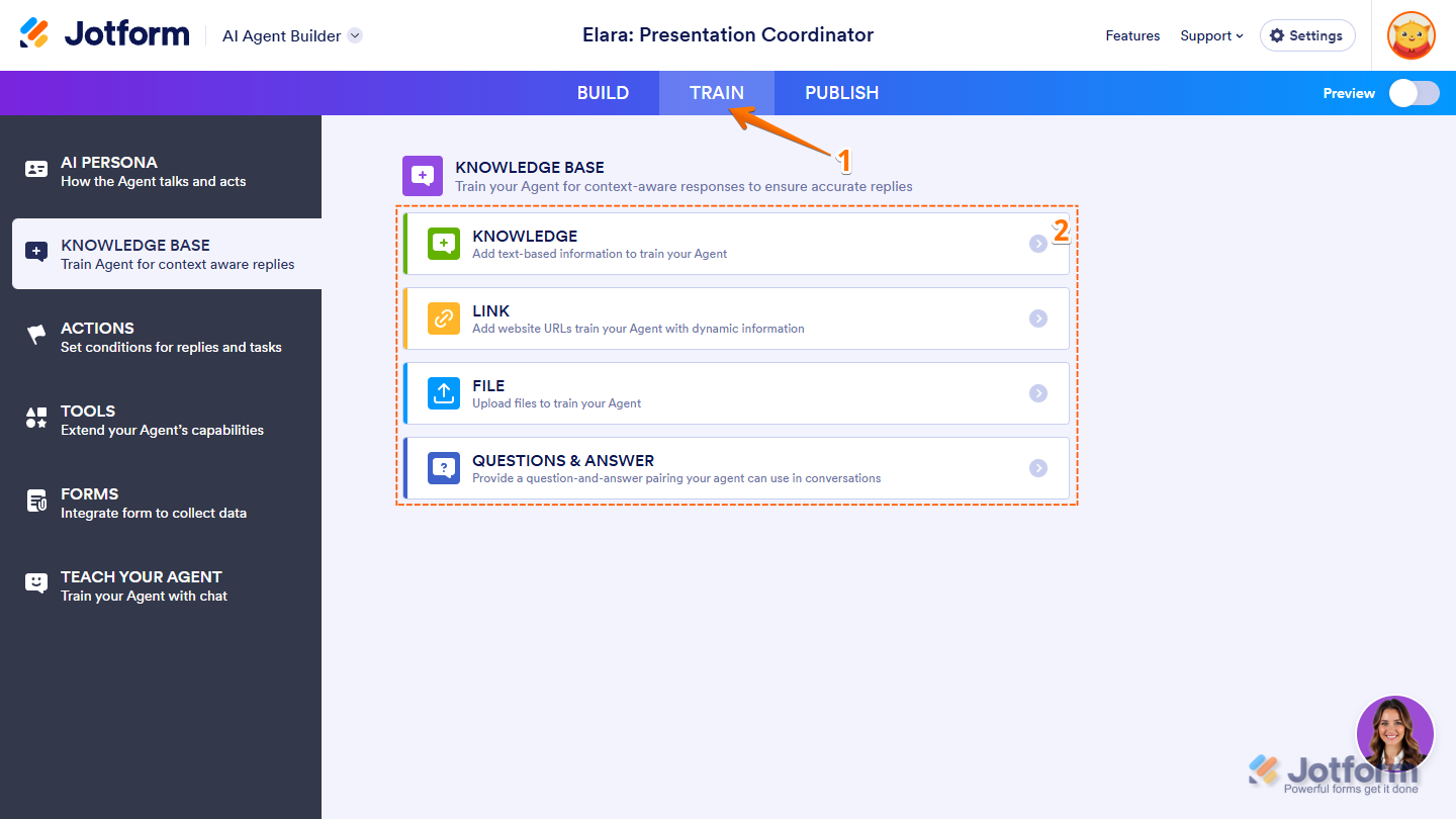Choosing a training method for your AI Agent in Jotform: Knowledge, Link, File, or Q&A