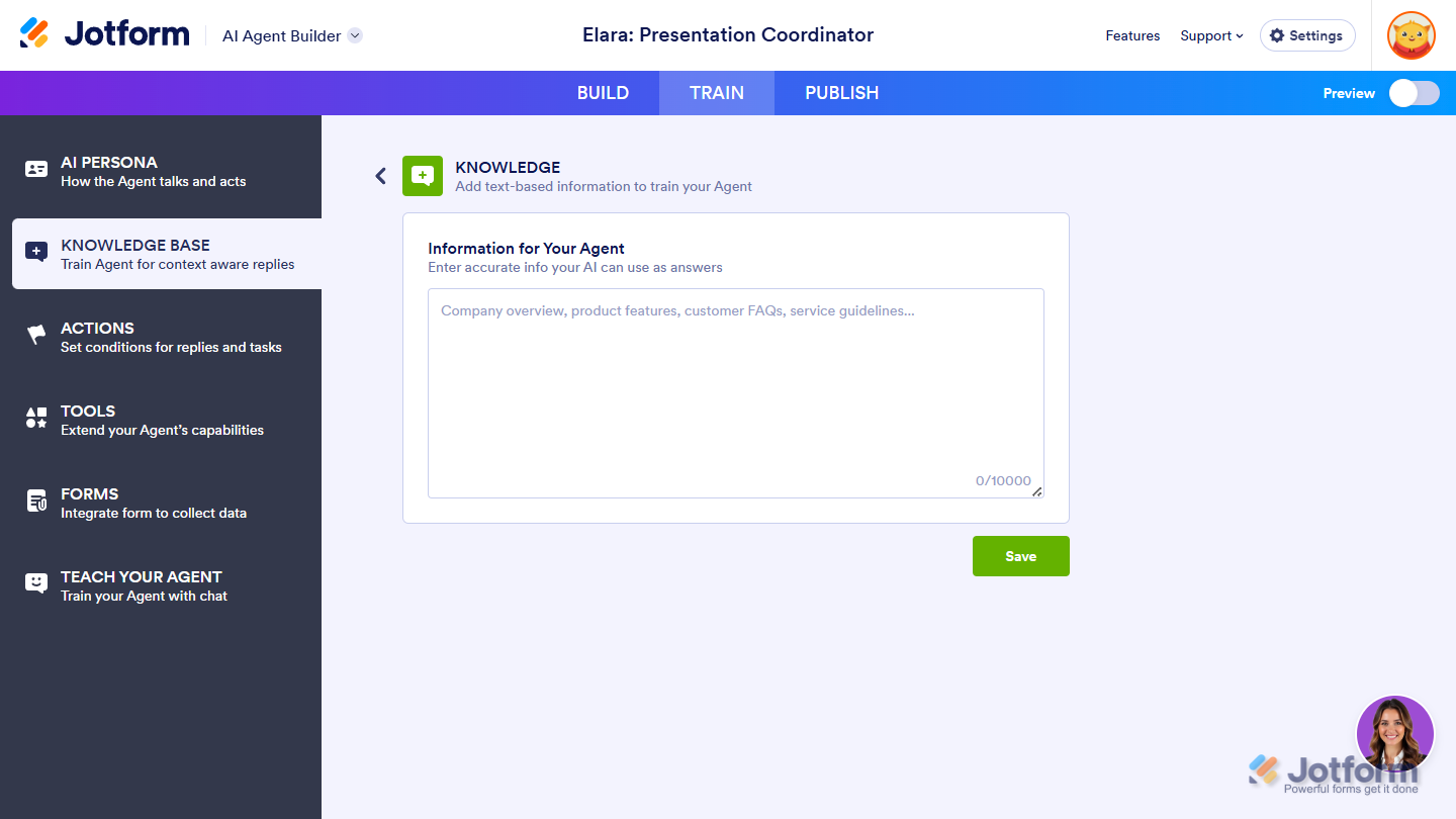 Manually adding key information to the Presentation Agent using the Knowledge training option in Jotform