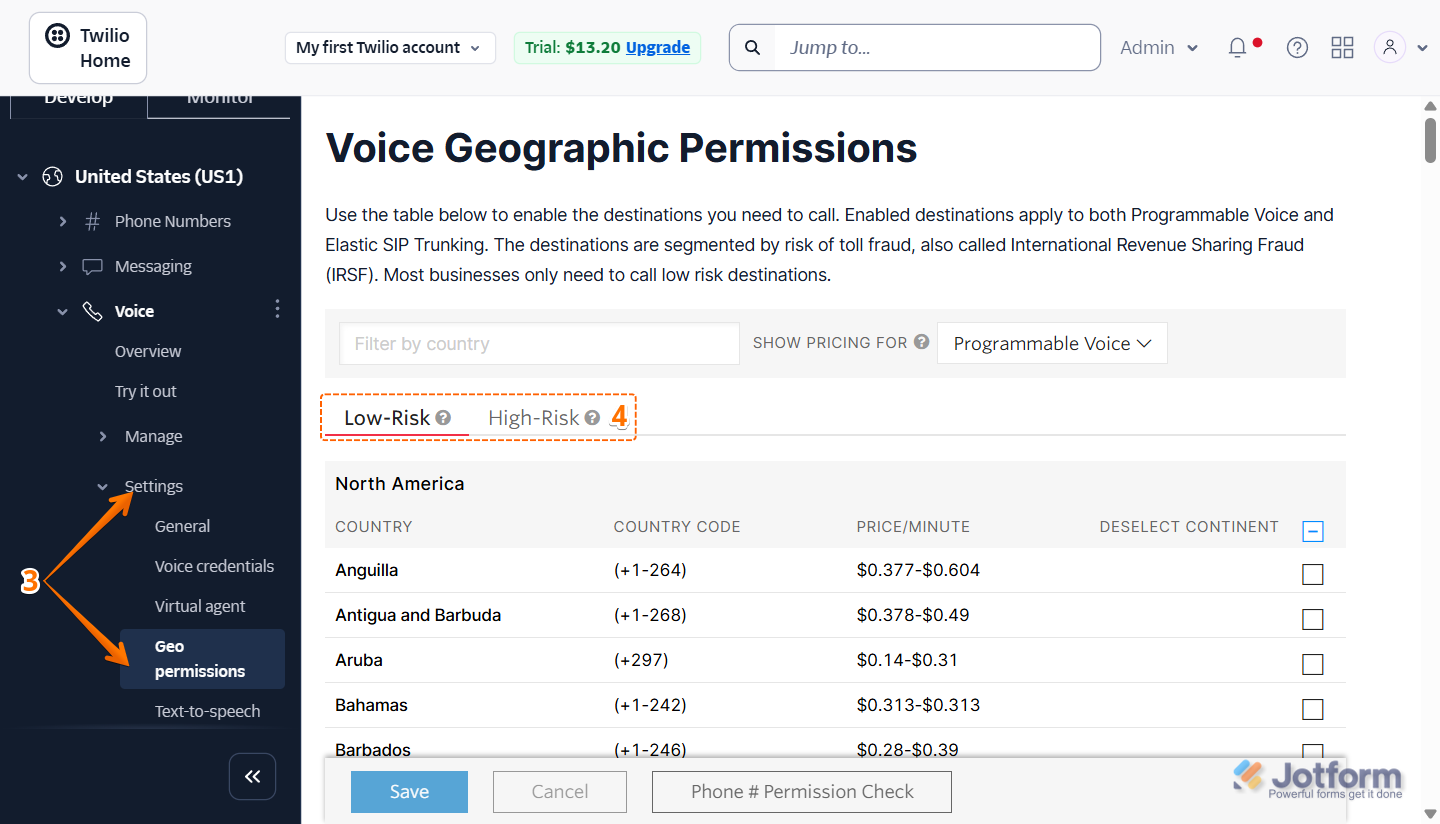 Accessing Geo Permissions in Twilio to manage Low Risk and High Risk call destinations