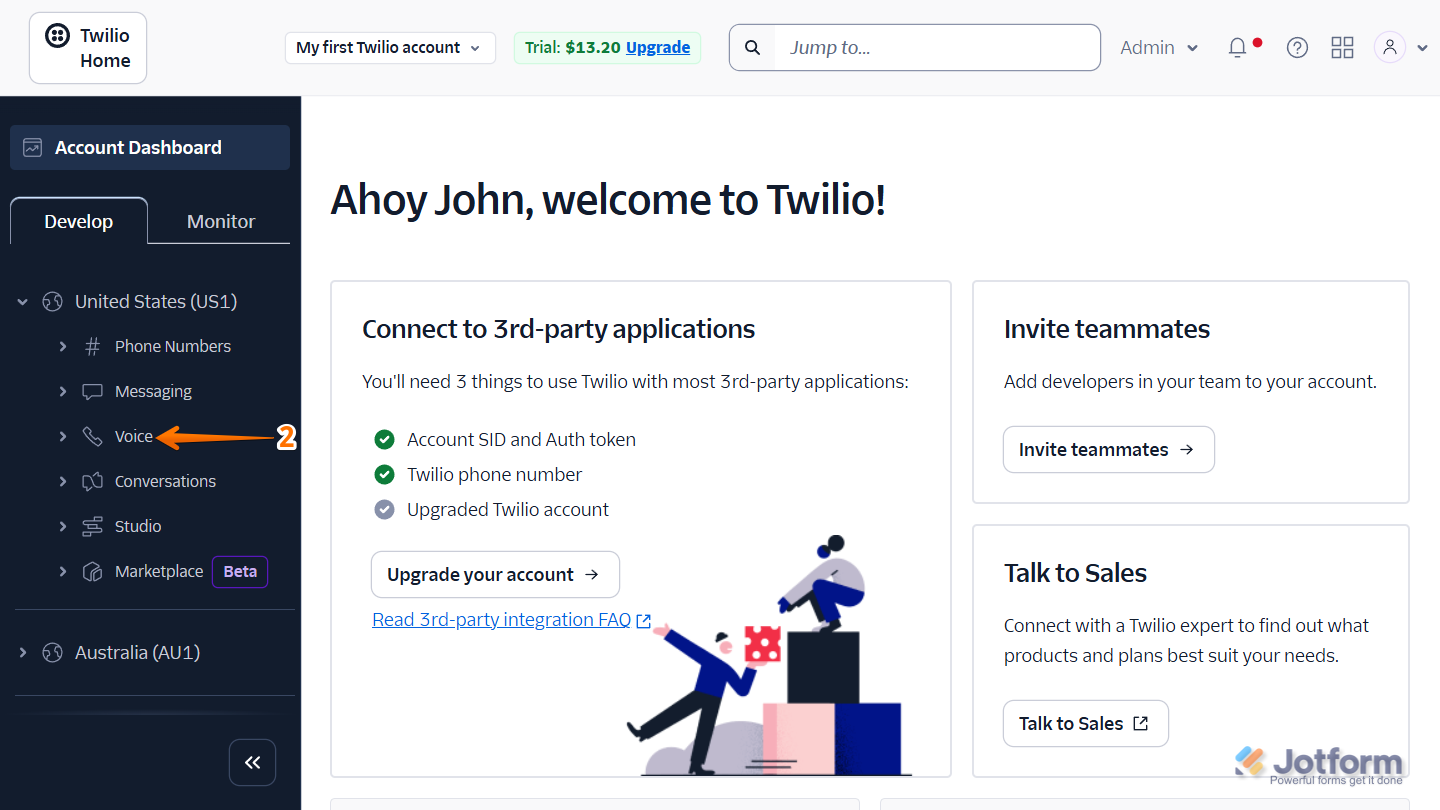 Opening the Voice settings in Twilio after selecting a region
