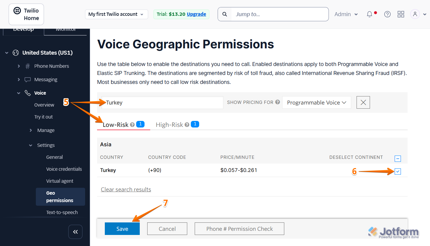 Enabling voice calls to Turkey under the Low-Risk Geo Permissions tab in Twilio