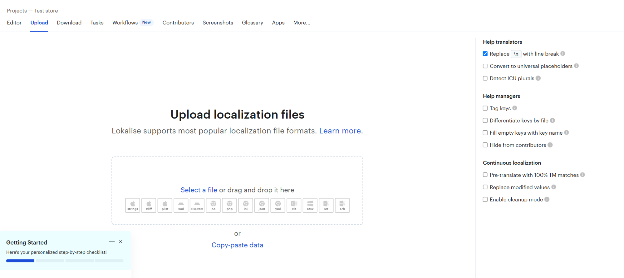 Lokalise interface prompting the user to upload localization files