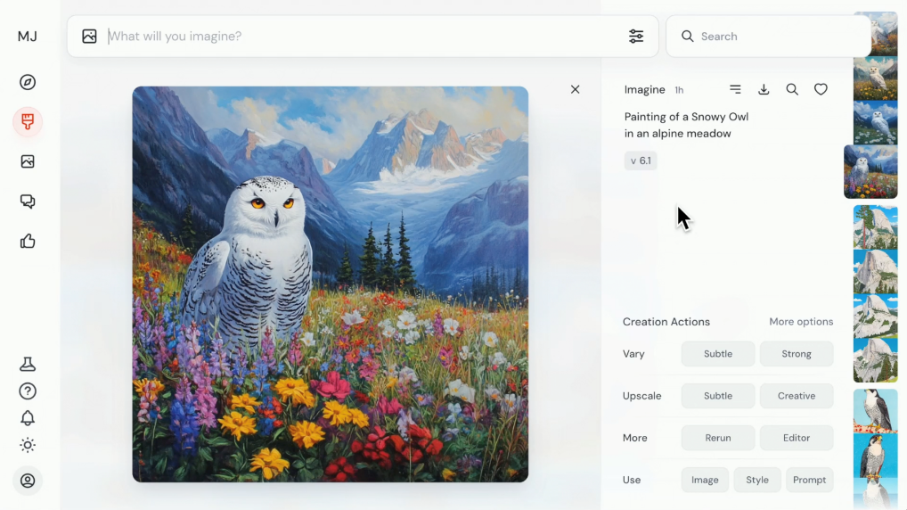 Midjourney interface with the prompt: "Painting of a Snowy Owl in an alpine meadow" and the generated image