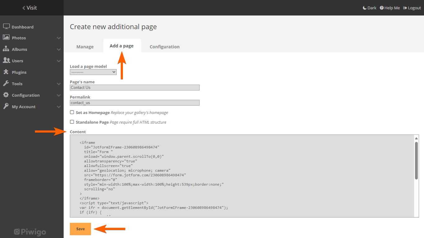 Capture d'écran montrant la section Content dans un onglet Add a page et une flèche pointant vers le bouton Save dans l'interface Piwigo