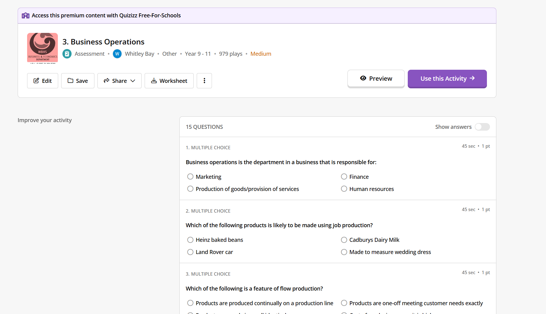 Quizizz interface showing an example "Business Operations" quiz and multiple choice questions including "Which of the following products is likely to be made using job production?"