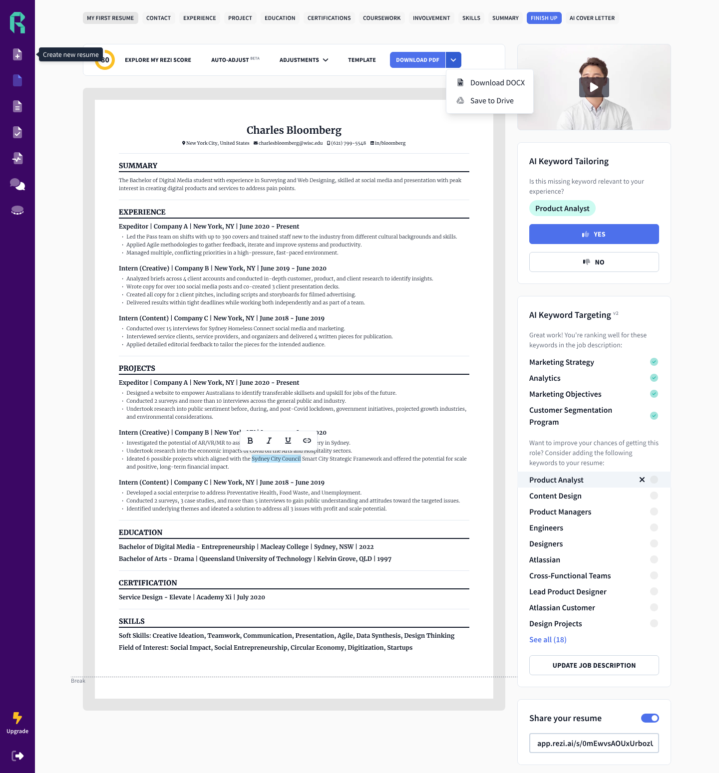 Rezi AI interface showing a resume score of 80/100 and suggestions for keywords to include