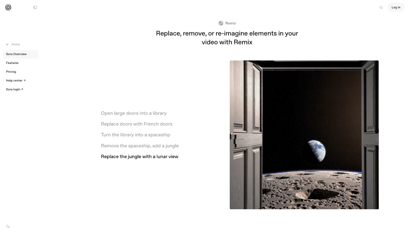 OpenAI's Sora interface showing a view of Earth from the moon as seen through an open doorway, To the left of the image are various prompts that helped generate it