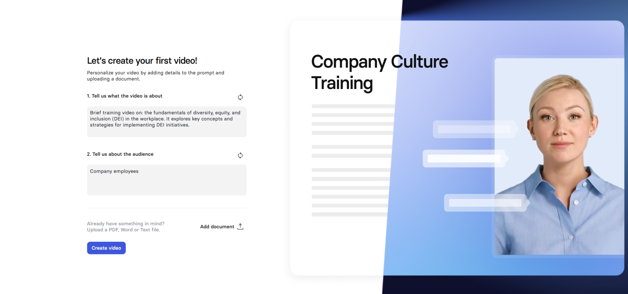 Synthesia website page showing an example video with an AI avatar, and various questions designed to help you build an effective prompt