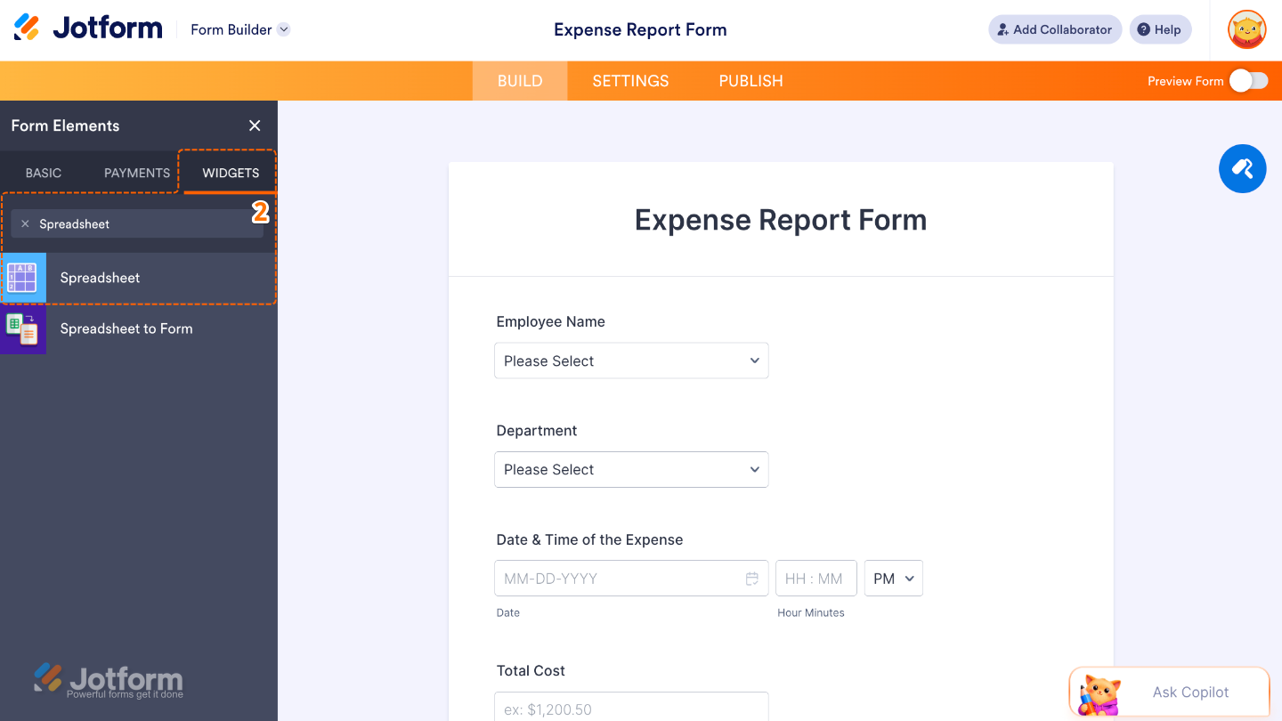 Form Elements panel under the Widgets tab showing the Spreadsheet widget being searched and added to a form