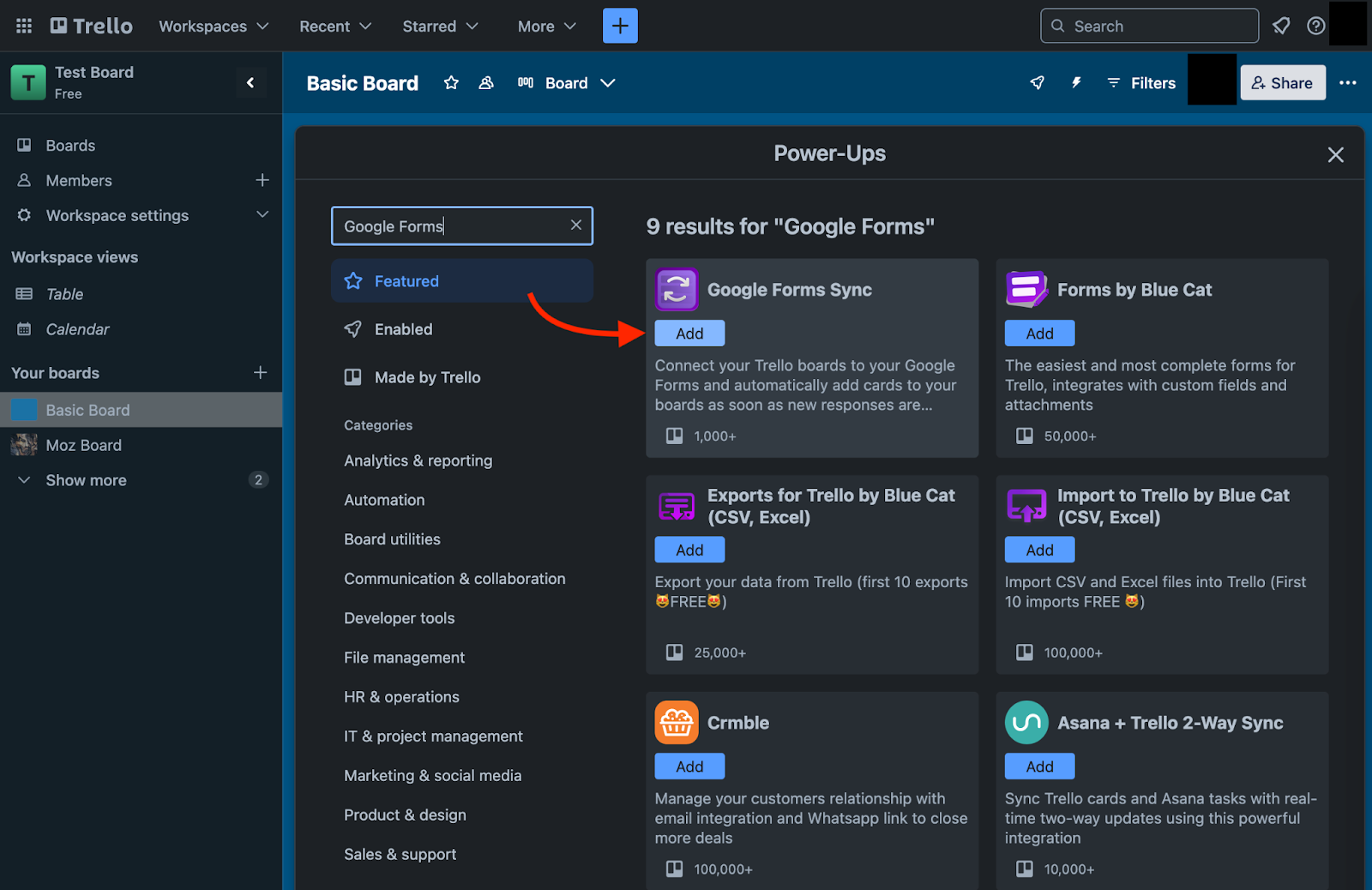 Clicking on the Add button under the Google Forms Sync result on Trello