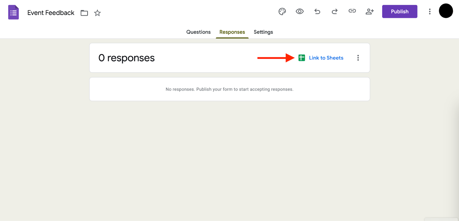 Clicking on the Link to Sheets option on Google Forms