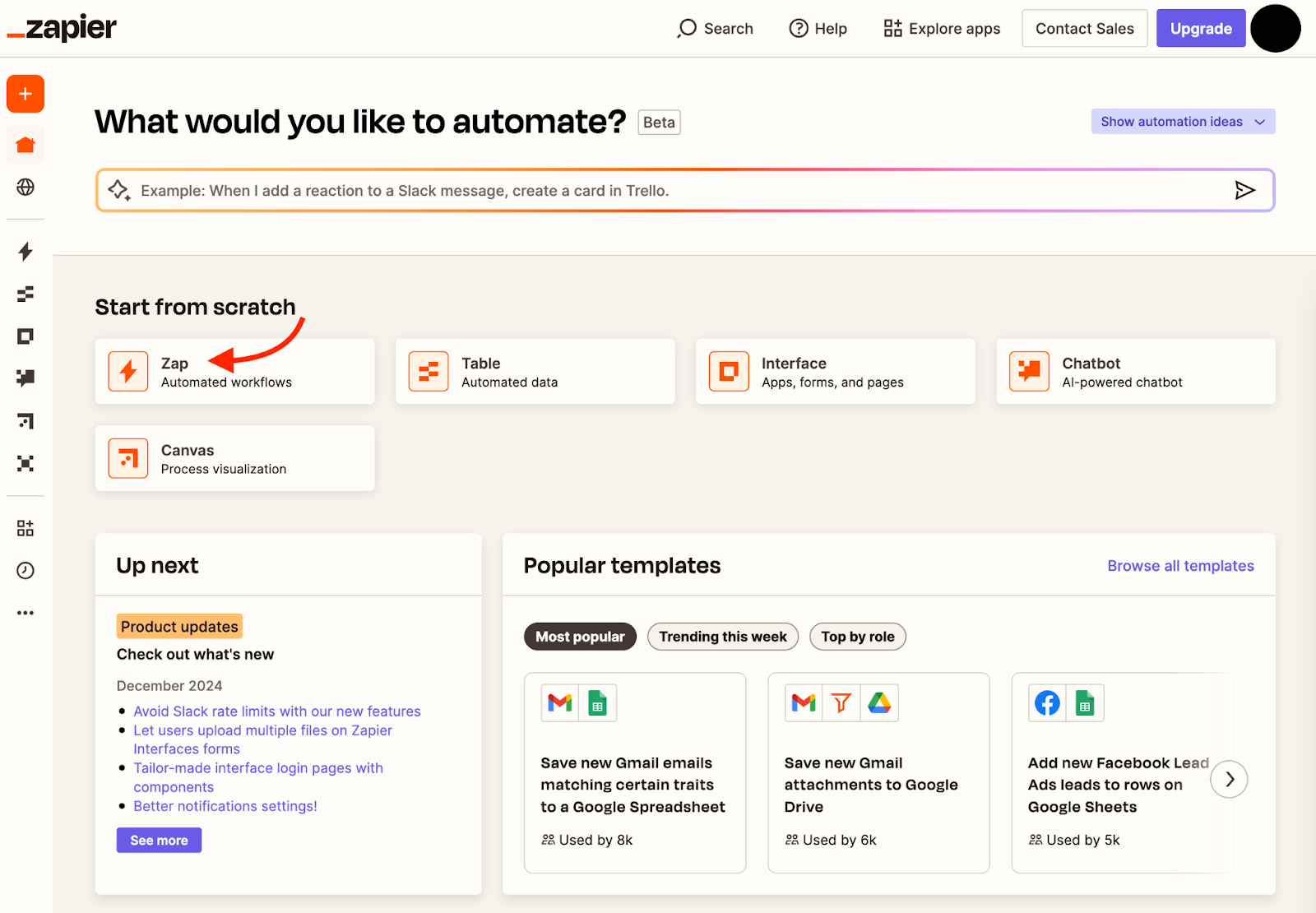 Clicking on the Zap option under the Start from scratch options