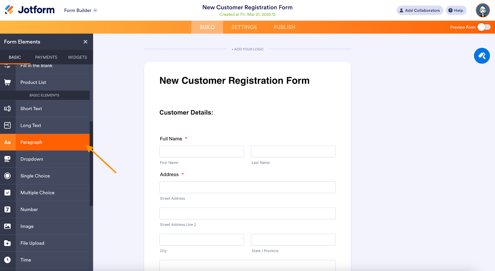 Jotform interface with an arrow pointing to the "Paragraph" option under "Basic elements