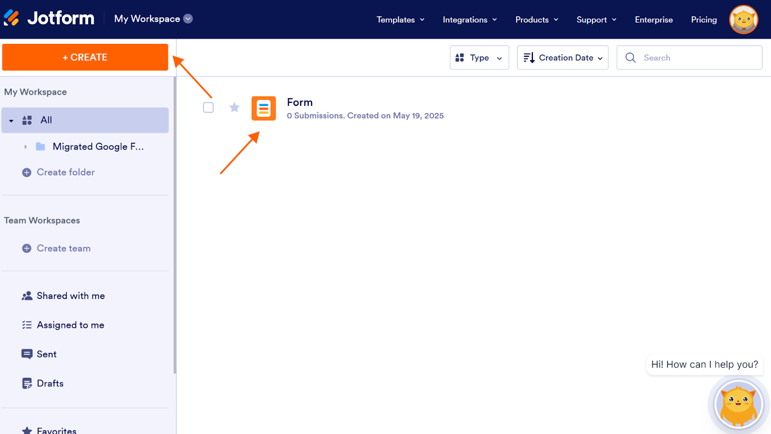 Clicking on the Create button or clicking on the existing form on Jotform Form Builder