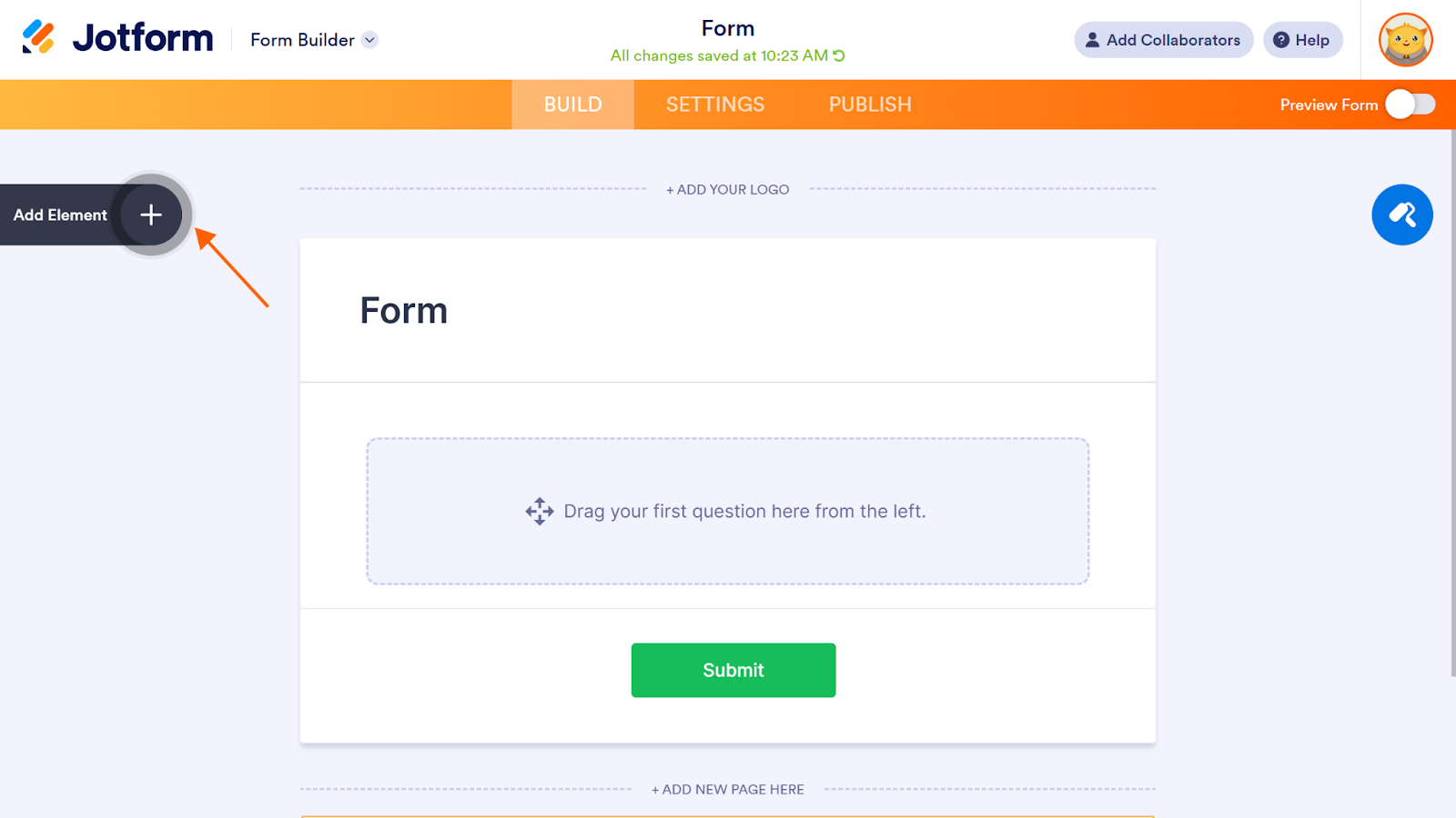 Clicking on the plus button to add an element to the form on Jotform Form Builder